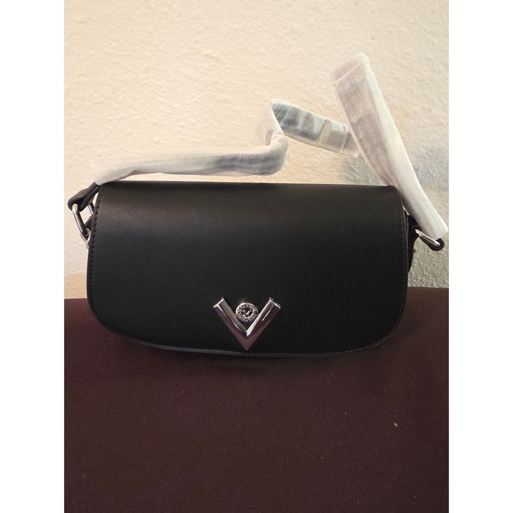 Valentino by Mario Valentino Black Faux Leather Logo Crossbody Bag